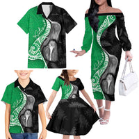 New Zealand Aotearoa Family Matching Off The Shoulder Long Sleeve Dress and Hawaiian Shirt Kiwi Fern Maori Pattern Green Version