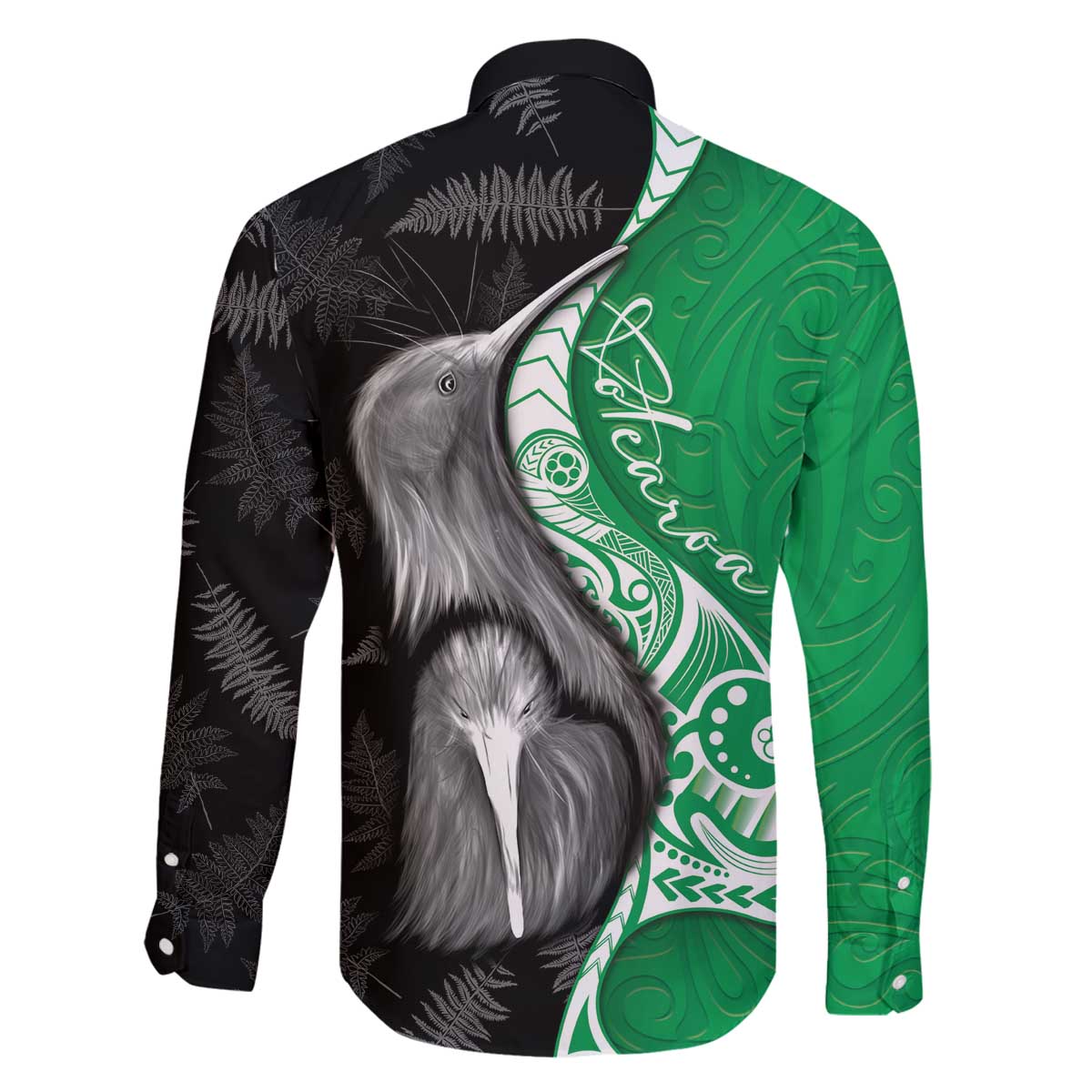 New Zealand Aotearoa Family Matching Off The Shoulder Long Sleeve Dress and Hawaiian Shirt Kiwi Fern Maori Pattern Green Version