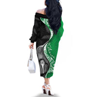 New Zealand Aotearoa Family Matching Off The Shoulder Long Sleeve Dress and Hawaiian Shirt Kiwi Fern Maori Pattern Green Version
