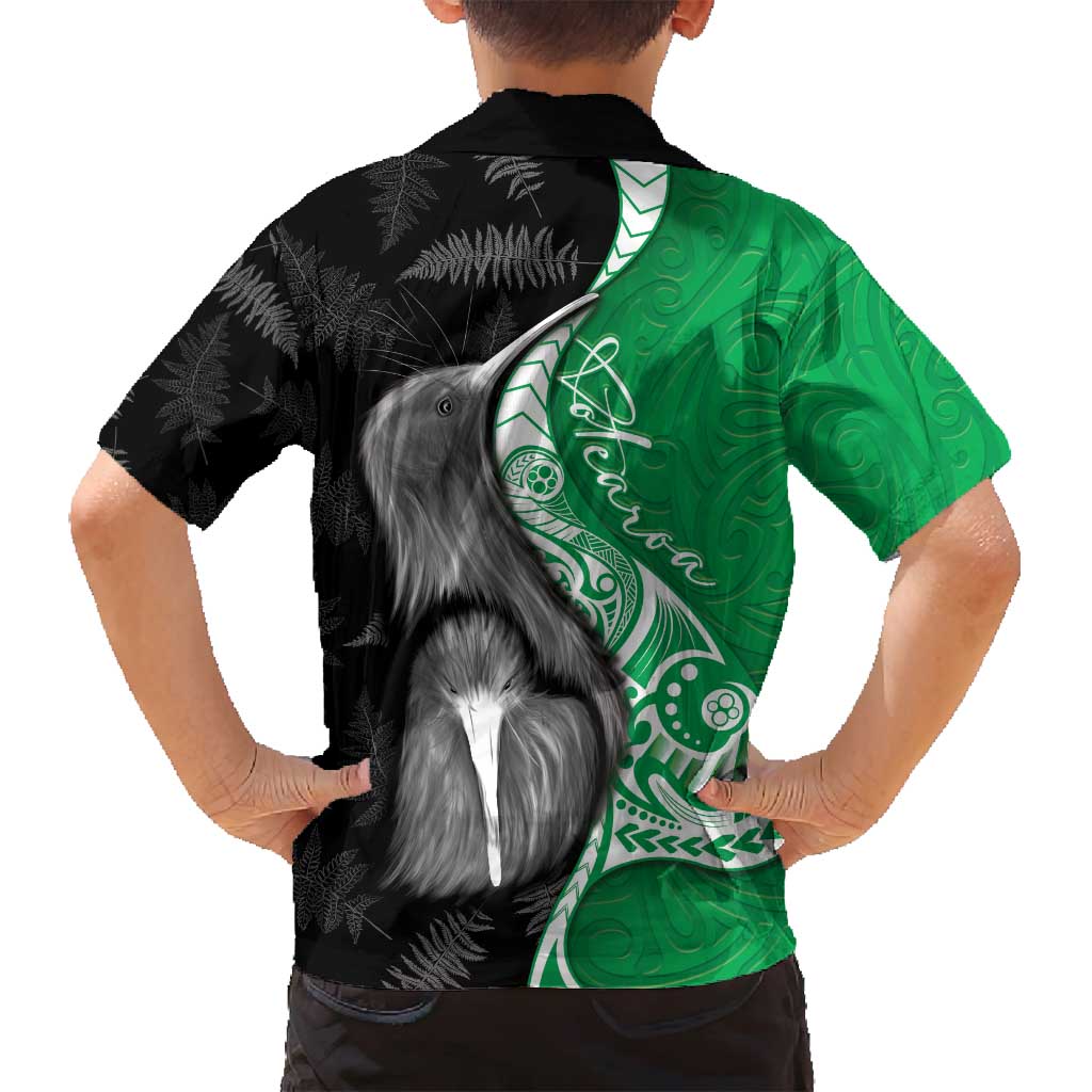 New Zealand Aotearoa Family Matching Off Shoulder Maxi Dress and Hawaiian Shirt Kiwi Fern Maori Pattern Green Version