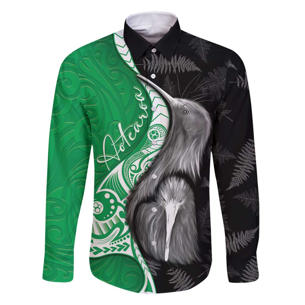 New Zealand Aotearoa Family Matching Off Shoulder Maxi Dress and Hawaiian Shirt Kiwi Fern Maori Pattern Green Version