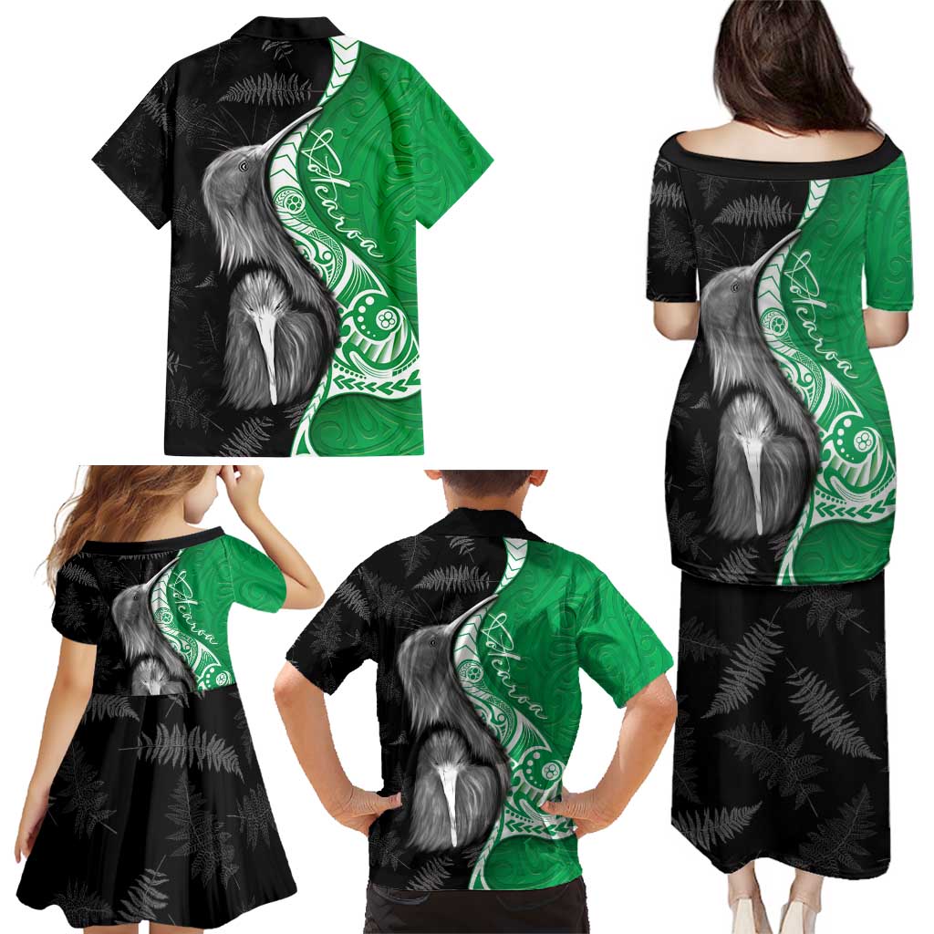 New Zealand Aotearoa Family Matching Puletasi and Hawaiian Shirt Kiwi Fern Maori Pattern Green Version