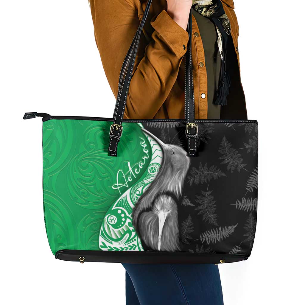 New Zealand Aotearoa Leather Tote Bag Kiwi Fern Maori Pattern Green Version