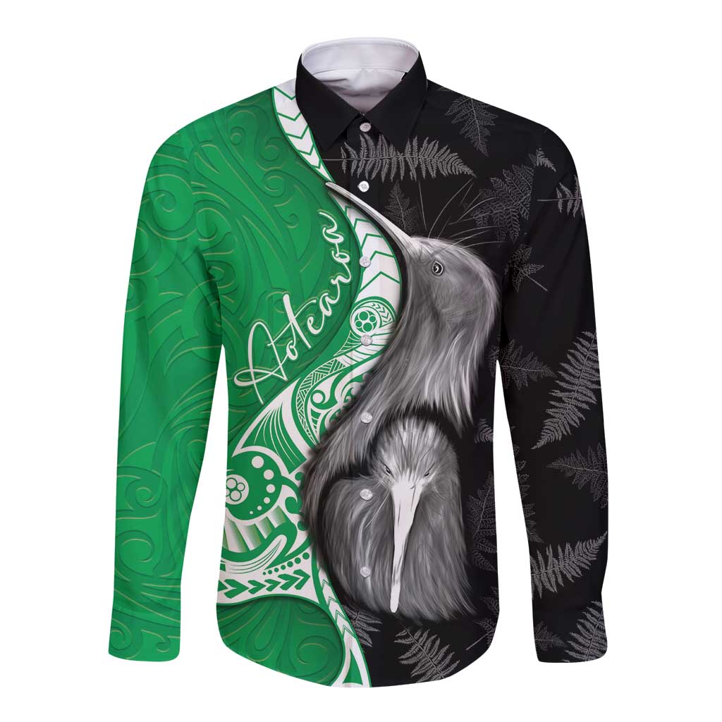 New Zealand Aotearoa Long Sleeve Button Shirt Kiwi Fern Maori Pattern Green Version LT05 Unisex Green - Polynesian Pride