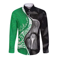 New Zealand Aotearoa Long Sleeve Button Shirt Kiwi Fern Maori Pattern Green Version LT05 Unisex Green - Polynesian Pride