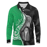 New Zealand Aotearoa Long Sleeve Polo Shirt Kiwi Fern Maori Pattern Green Version
