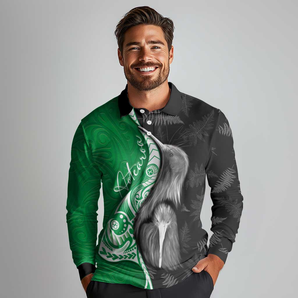 New Zealand Aotearoa Long Sleeve Polo Shirt Kiwi Fern Maori Pattern Green Version