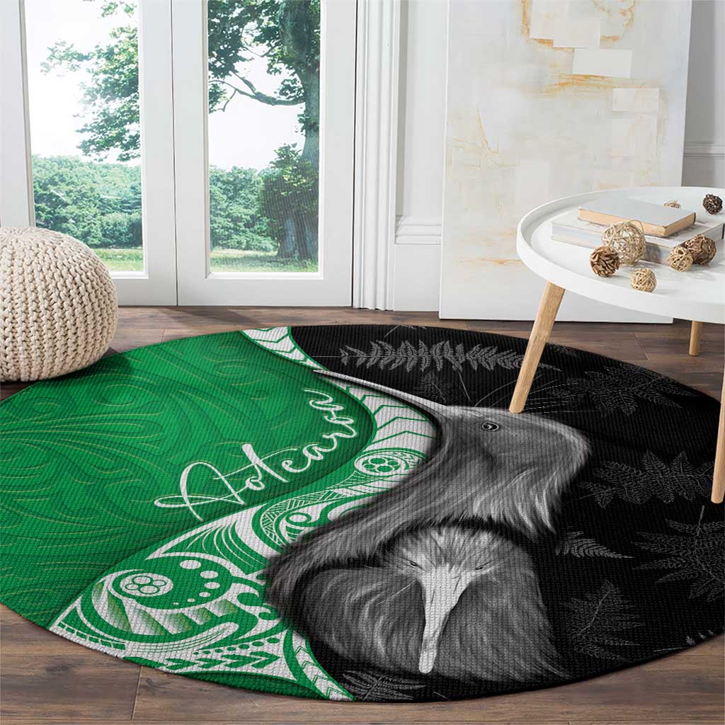 New Zealand Aotearoa Round Carpet Kiwi Fern Maori Pattern Green Version