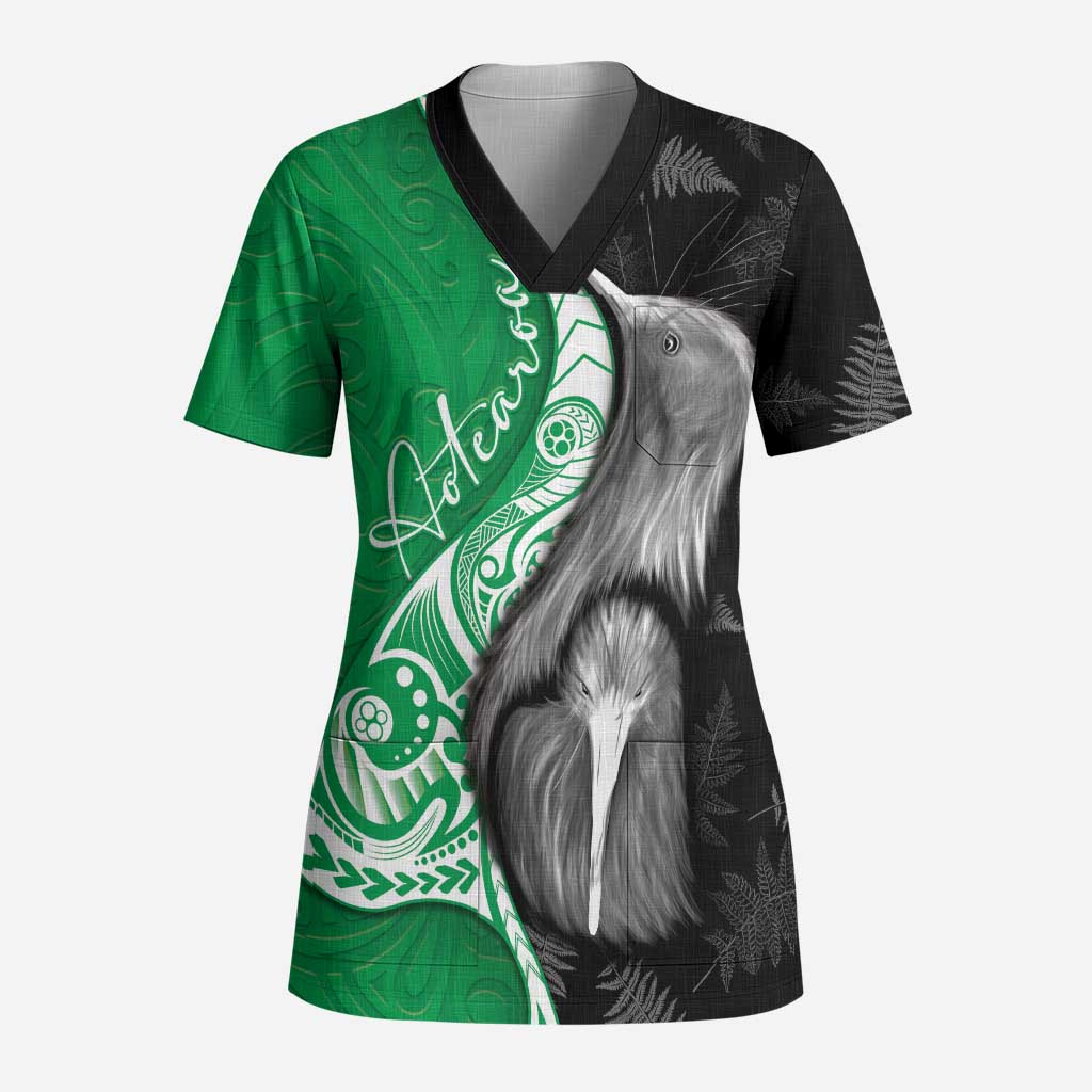 New Zealand Aotearoa Scrub Top Kiwi Fern Maori Pattern Green Version - Polynesian Pride