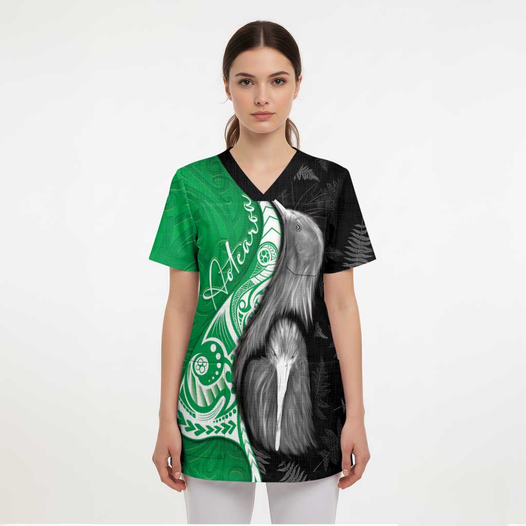 New Zealand Aotearoa Scrub Top Kiwi Fern Maori Pattern Green Version - Polynesian Pride