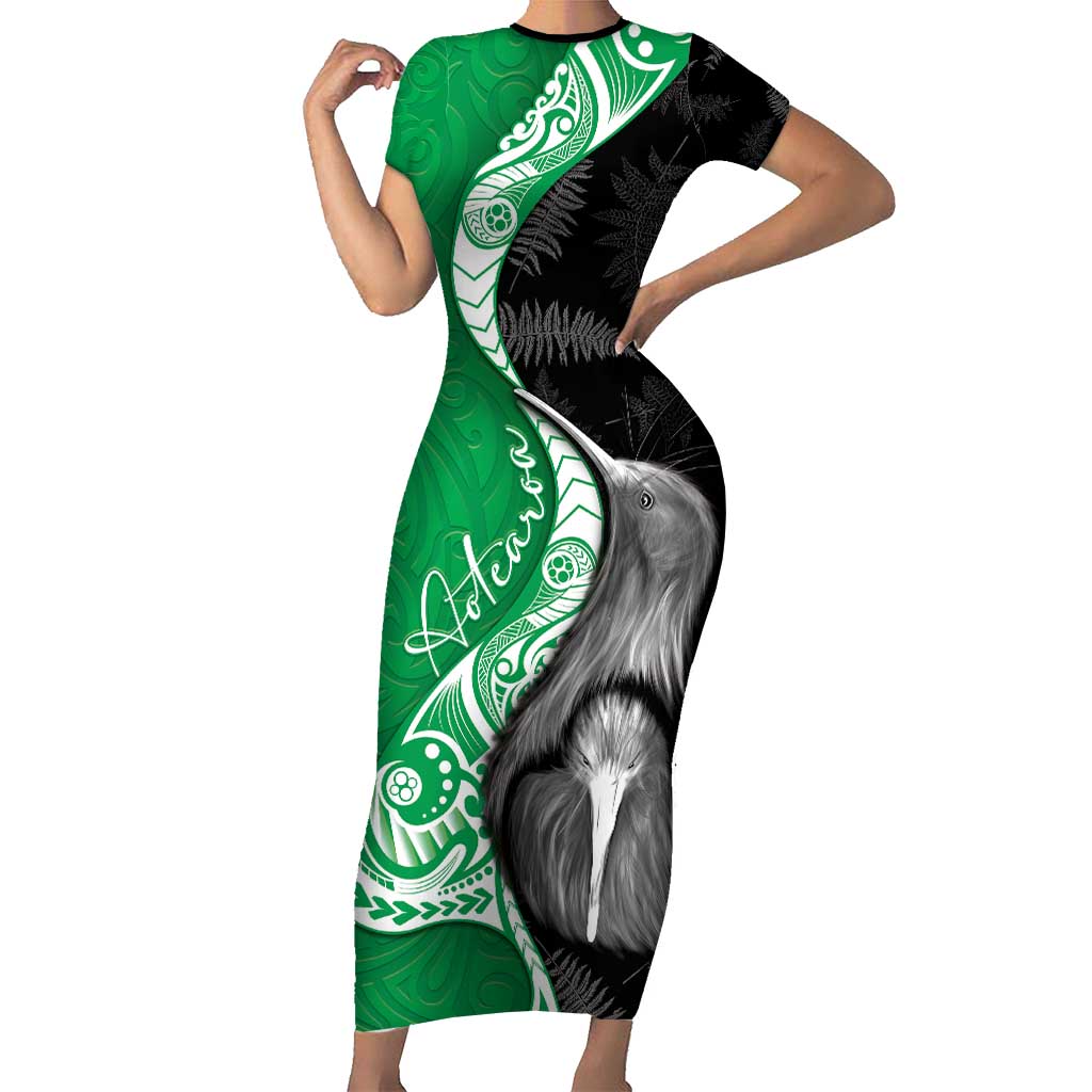 New Zealand Aotearoa Short Sleeve Bodycon Dress Kiwi Fern Maori Pattern Green Version