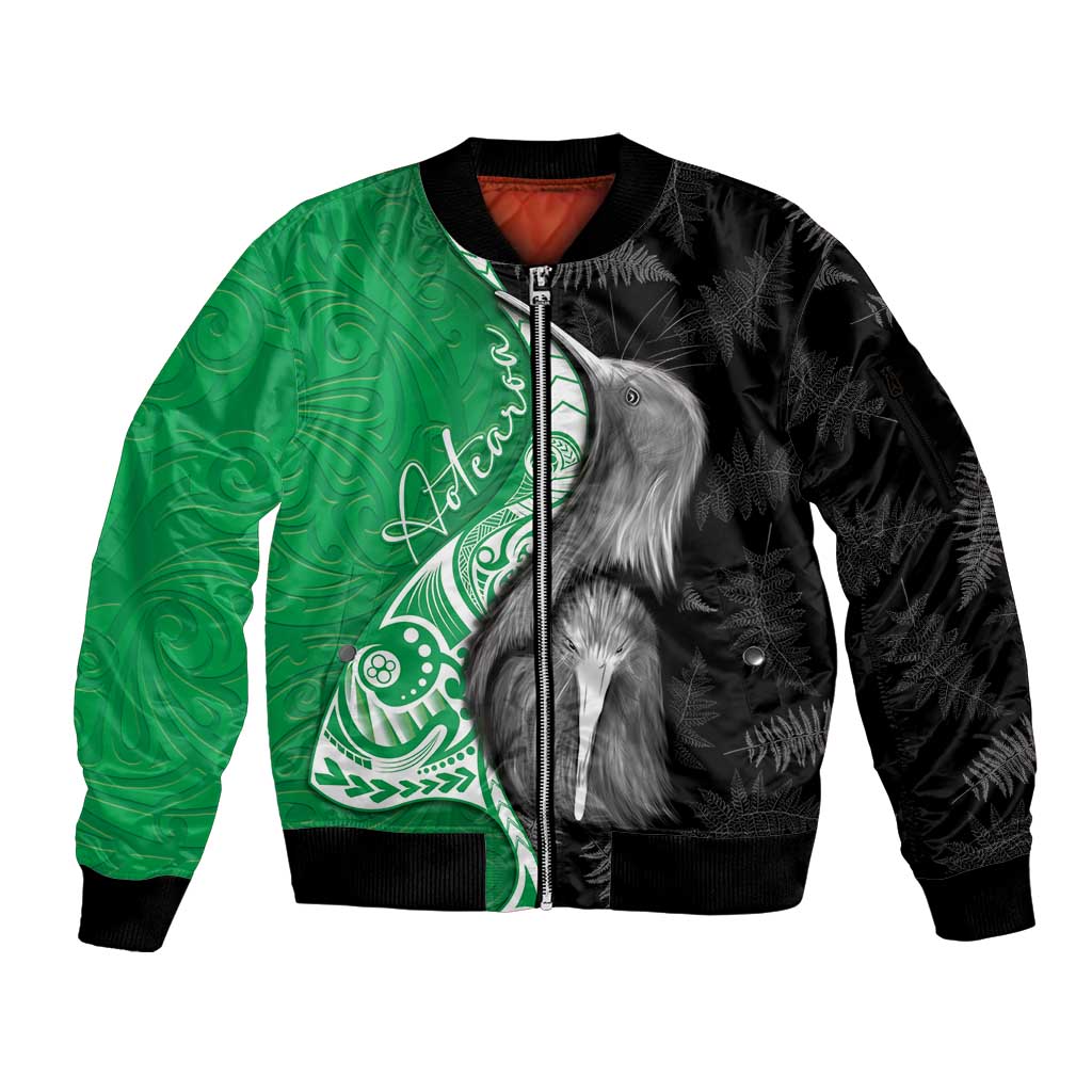 New Zealand Aotearoa Sleeve Zip Bomber Jacket Kiwi Fern Maori Pattern Green Version