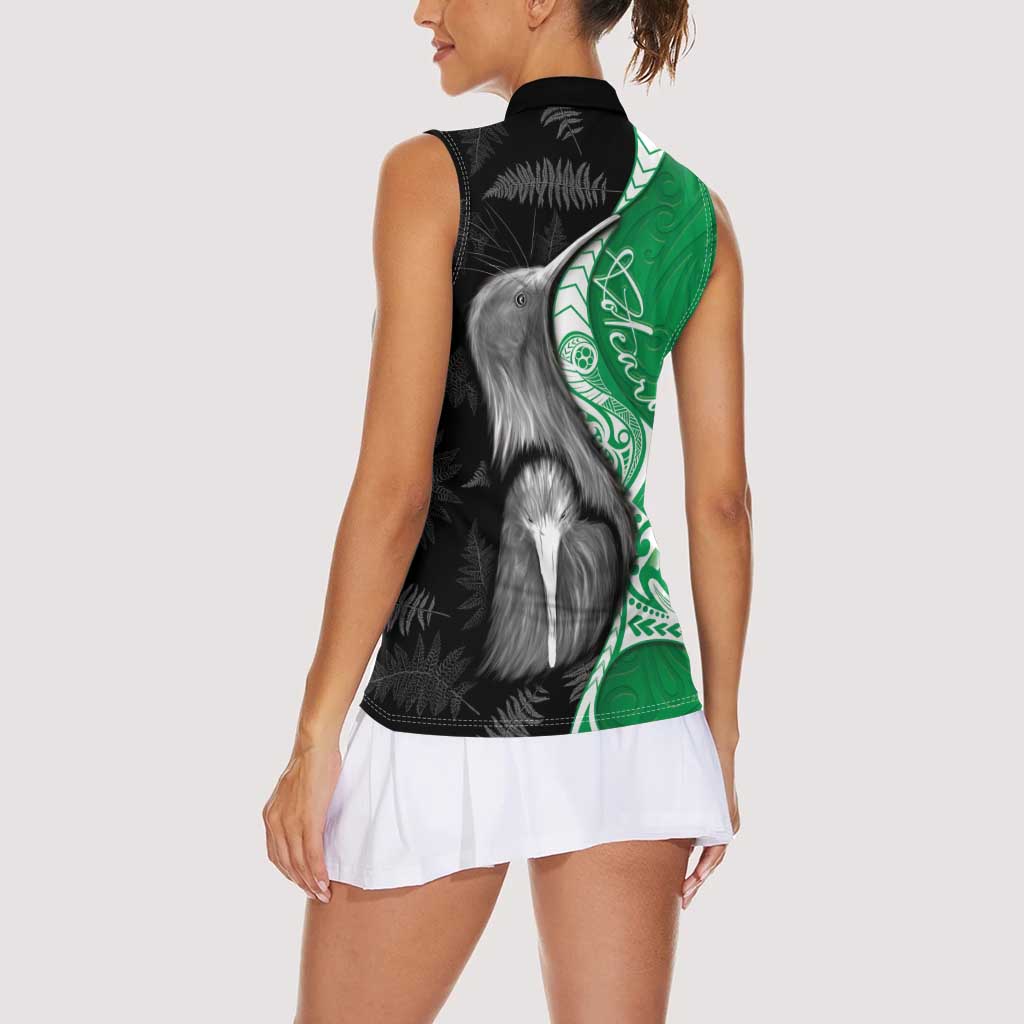 New Zealand Aotearoa Women Sleeveless Polo Shirt Kiwi Fern Maori Pattern Green Version