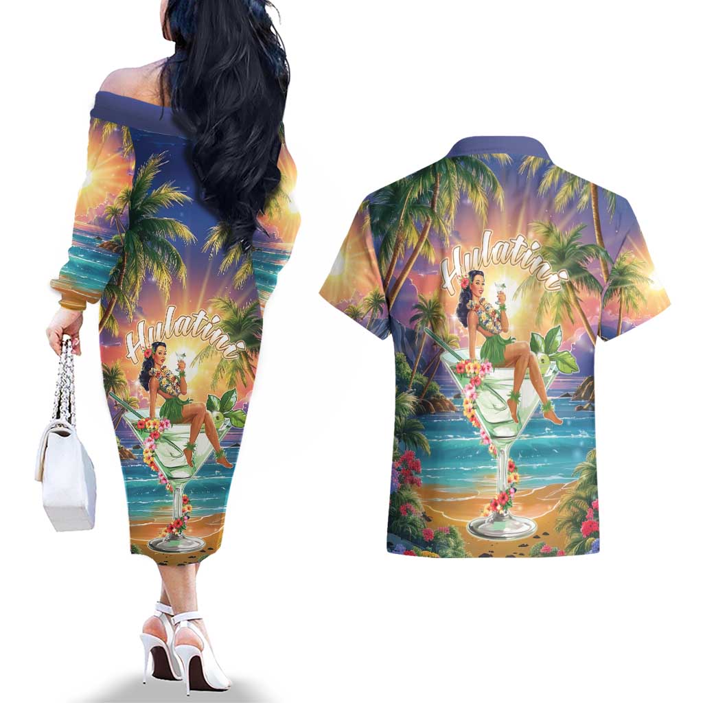 Aloha Hawaii Couples Matching Off The Shoulder Long Sleeve Dress and Hawaiian Shirt Hula Martini Tropical Vibes - Polynesian Pride