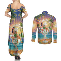 Aloha Hawaii Couples Matching Summer Maxi Dress and Long Sleeve Button Shirt Hula Martini Tropical Vibes - Polynesian Pride