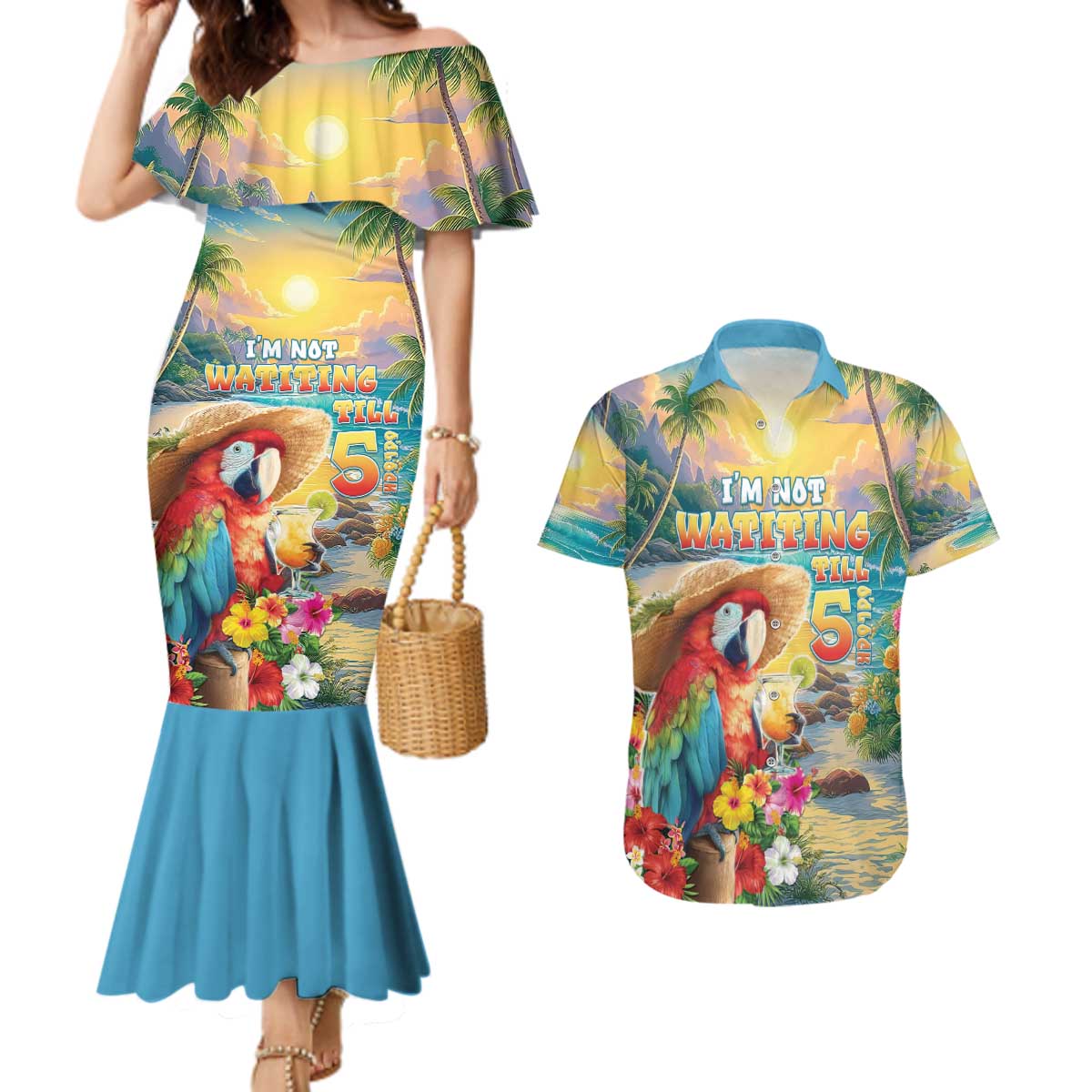 Hawaii Parrot Couples Matching Mermaid Dress and Hawaiian Shirt Im Not Waiting Till 5 Oclock - Polynesian Pride