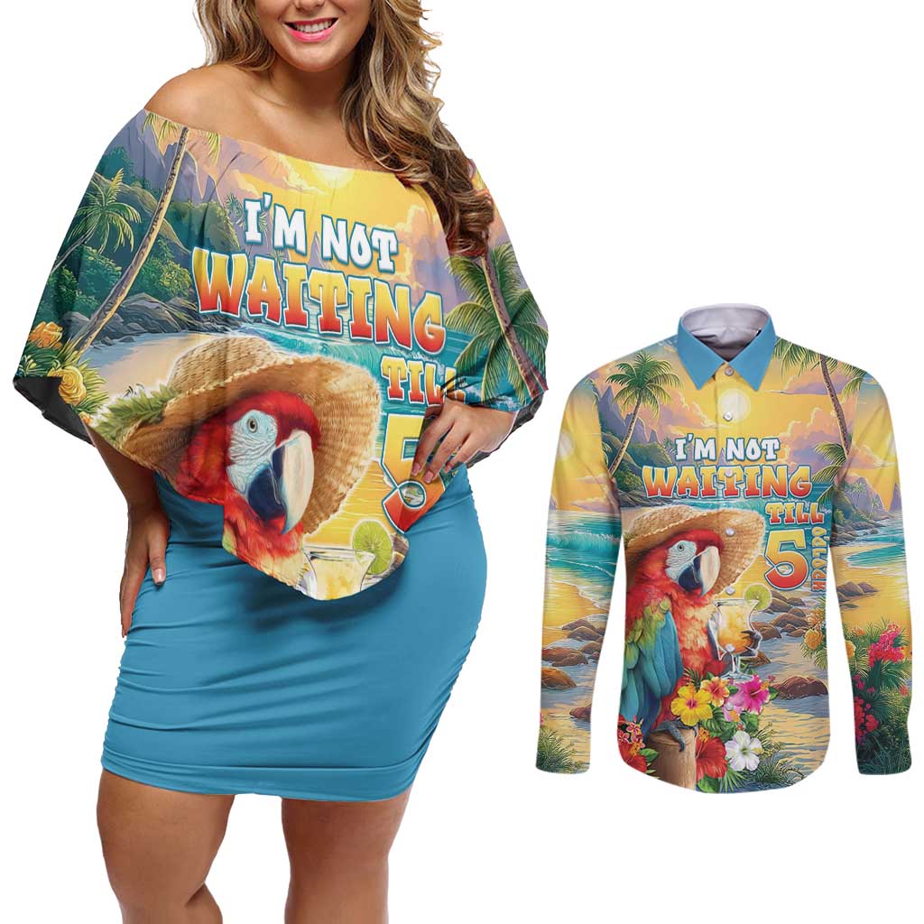 Hawaii Parrot Couples Matching Off Shoulder Short Dress and Long Sleeve Button Shirt Im Not Waiting Till 5 Oclock LT05 Colorful - Polynesian Pride