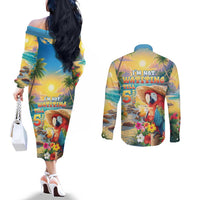 Hawaii Parrot Couples Matching Off The Shoulder Long Sleeve Dress and Long Sleeve Button Shirt Im Not Waiting Till 5 Oclock - Polynesian Pride
