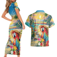 Hawaii Parrot Couples Matching Short Sleeve Bodycon Dress and Hawaiian Shirt Im Not Waiting Till 5 Oclock - Polynesian Pride