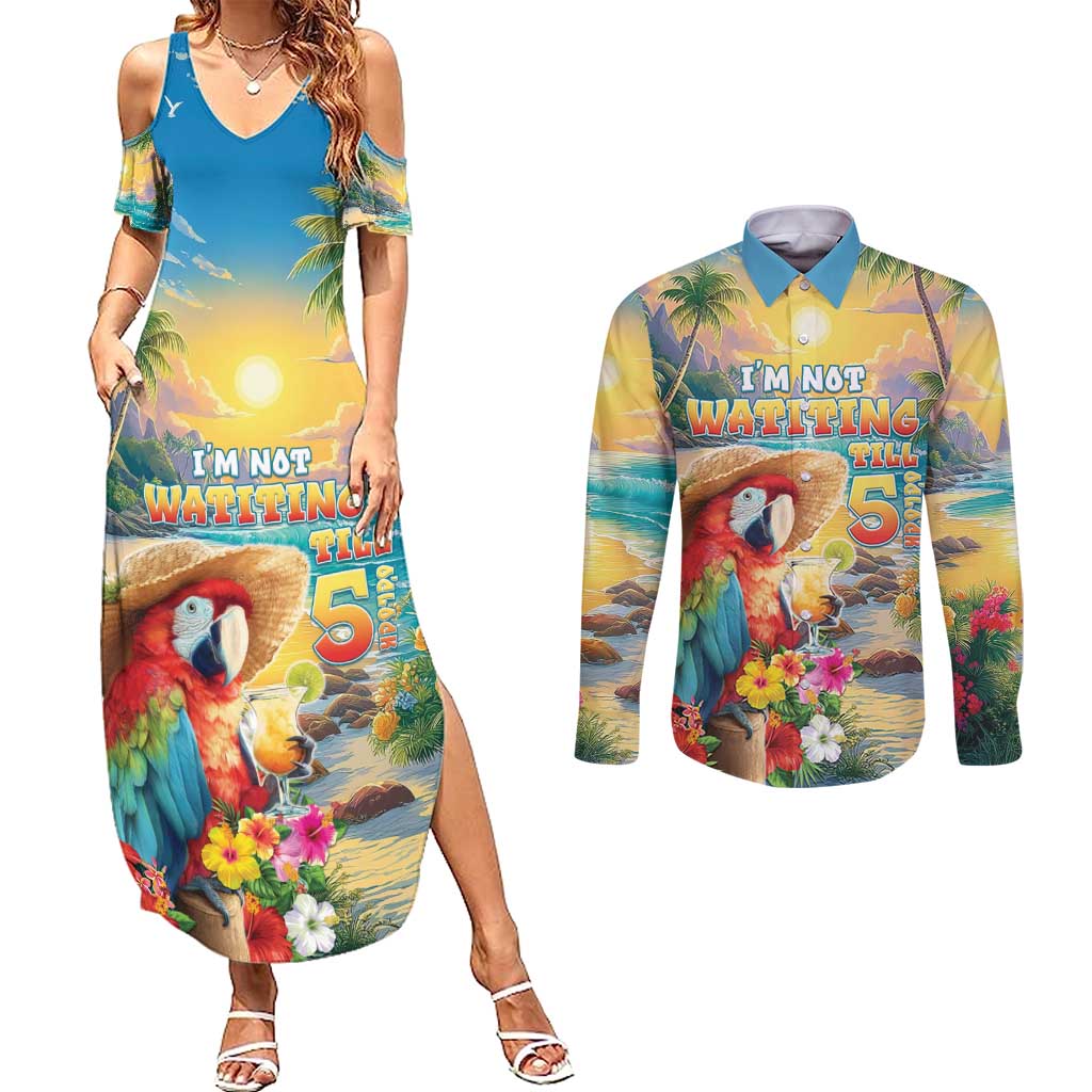 Hawaii Parrot Couples Matching Summer Maxi Dress and Long Sleeve Button Shirt Im Not Waiting Till 5 Oclock - Polynesian Pride