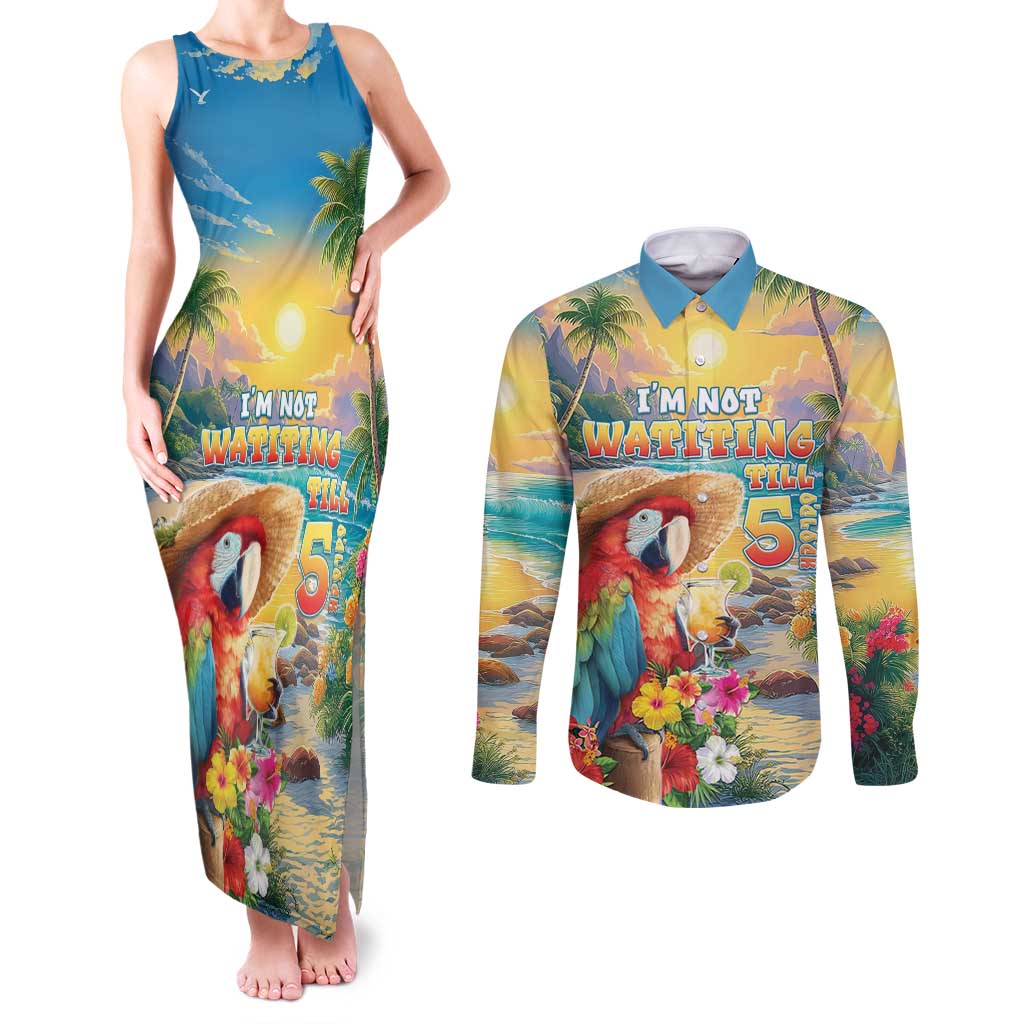 Hawaii Parrot Couples Matching Tank Maxi Dress and Long Sleeve Button Shirt Im Not Waiting Till 5 Oclock - Polynesian Pride