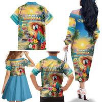 Hawaii Parrot Family Matching Off The Shoulder Long Sleeve Dress and Hawaiian Shirt Im Not Waiting Till 5 Oclock