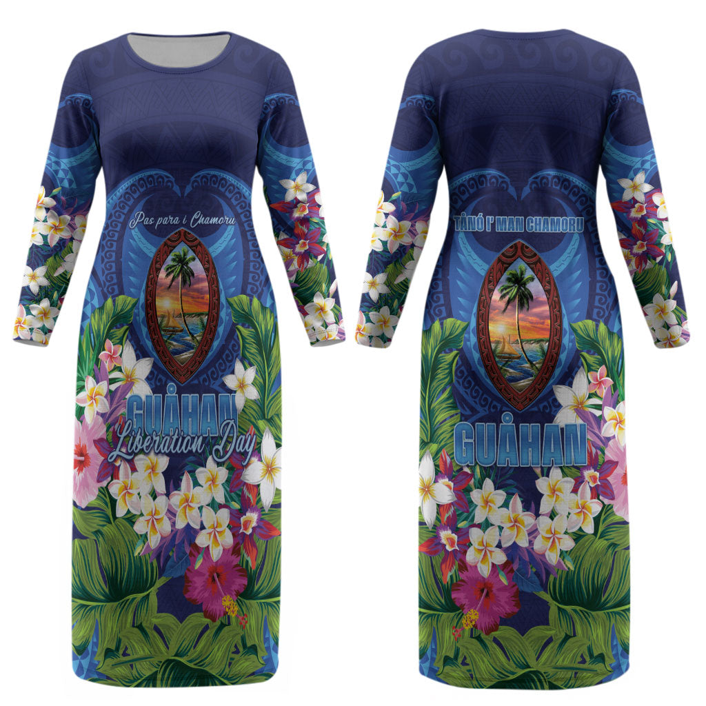 Guam Liberation Day Couples Matching Long Sleeve Bodycon Dress and Hawaiian Shirt Pas Para I Chamoru