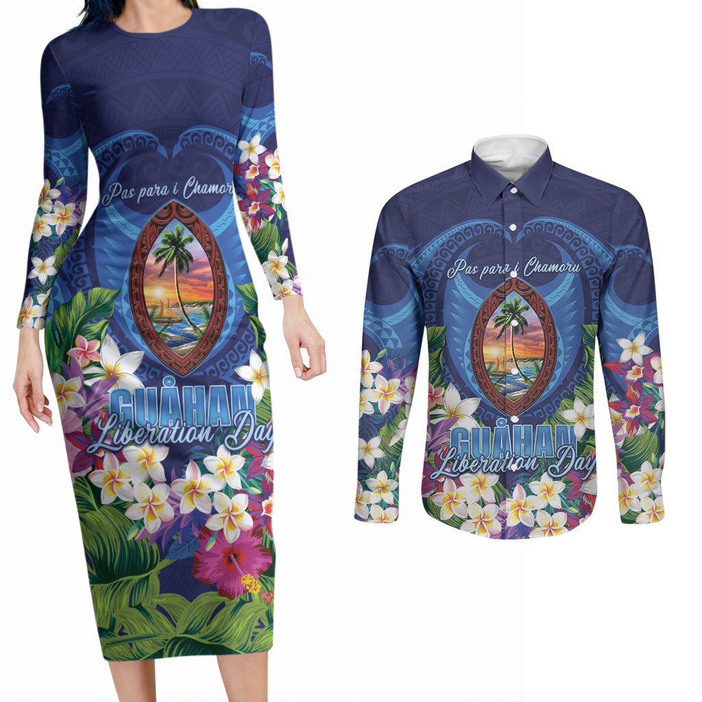Guam Liberation Day Couples Matching Long Sleeve Bodycon Dress and Long Sleeve Button Shirt Pas Para I Chamoru