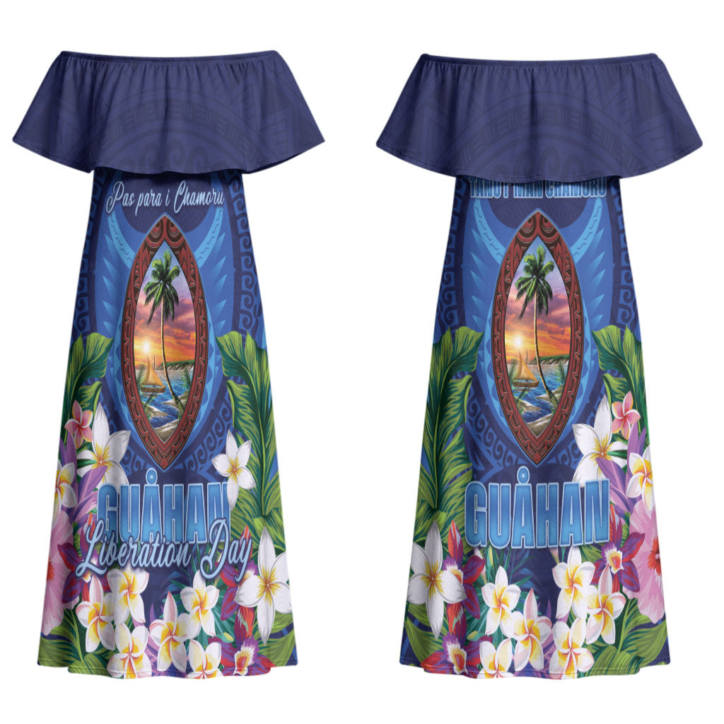Guam Liberation Day Family Matching Off Shoulder Maxi Dress and Hawaiian Shirt Pas Para I Chamoru