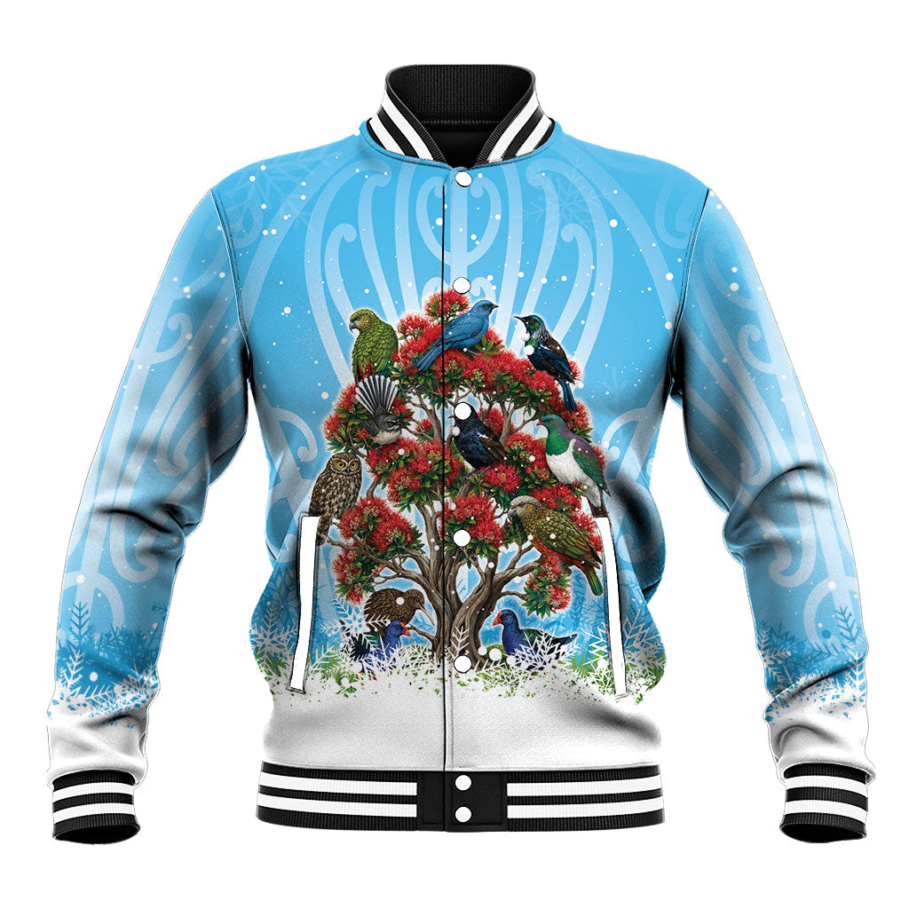 New Zealand Birds Christmas Baseball Jacket Pohutukawa Xmas Tree LT05 Unisex Blue - Polynesian Pride