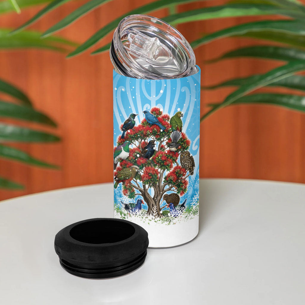 New Zealand Birds Christmas 4 in 1 Can Cooler Tumbler Pohutukawa Xmas Tree
