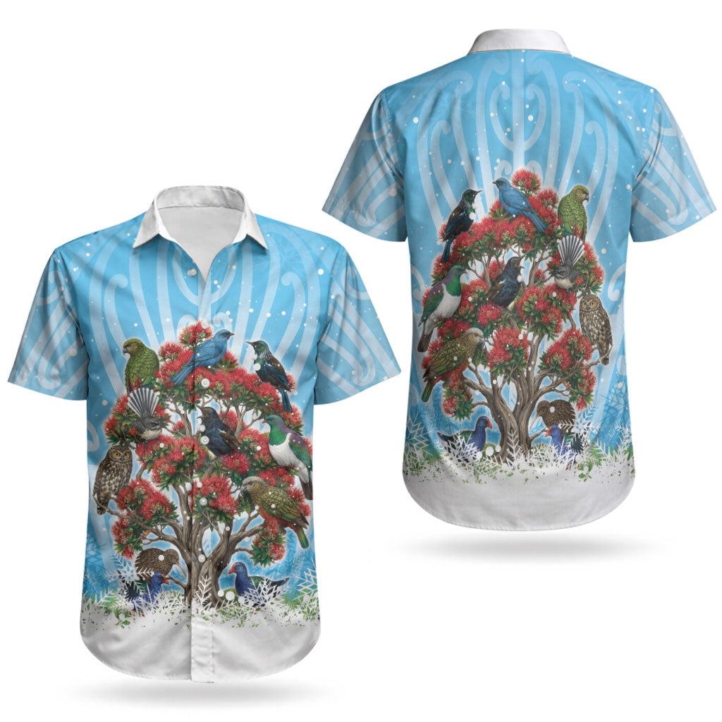 New Zealand Birds Christmas Couples Matching Off Shoulder Maxi Dress and Hawaiian Shirt Pohutukawa Xmas Tree