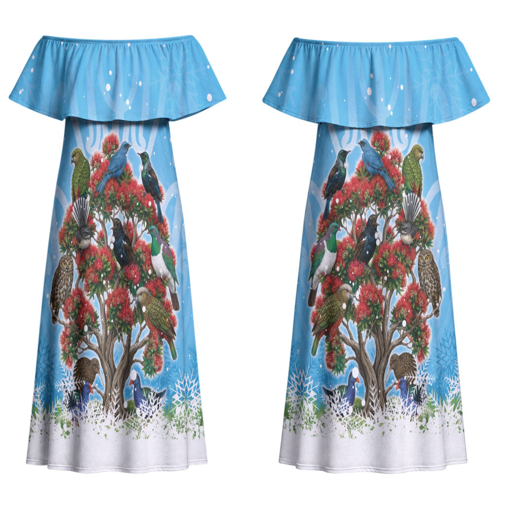 New Zealand Birds Christmas Couples Matching Off Shoulder Maxi Dress and Hawaiian Shirt Pohutukawa Xmas Tree