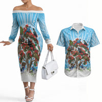 New Zealand Birds Christmas Couples Matching Off The Shoulder Long Sleeve Dress and Hawaiian Shirt Pohutukawa Xmas Tree