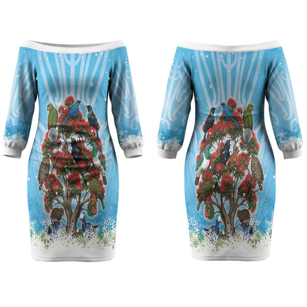New Zealand Birds Christmas Couples Matching Off The Shoulder Long Sleeve Dress and Hawaiian Shirt Pohutukawa Xmas Tree