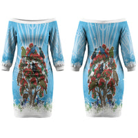 New Zealand Birds Christmas Couples Matching Off The Shoulder Long Sleeve Dress and Hawaiian Shirt Pohutukawa Xmas Tree
