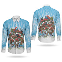 New Zealand Birds Christmas Couples Matching Off The Shoulder Long Sleeve Dress and Long Sleeve Button Shirt Pohutukawa Xmas Tree