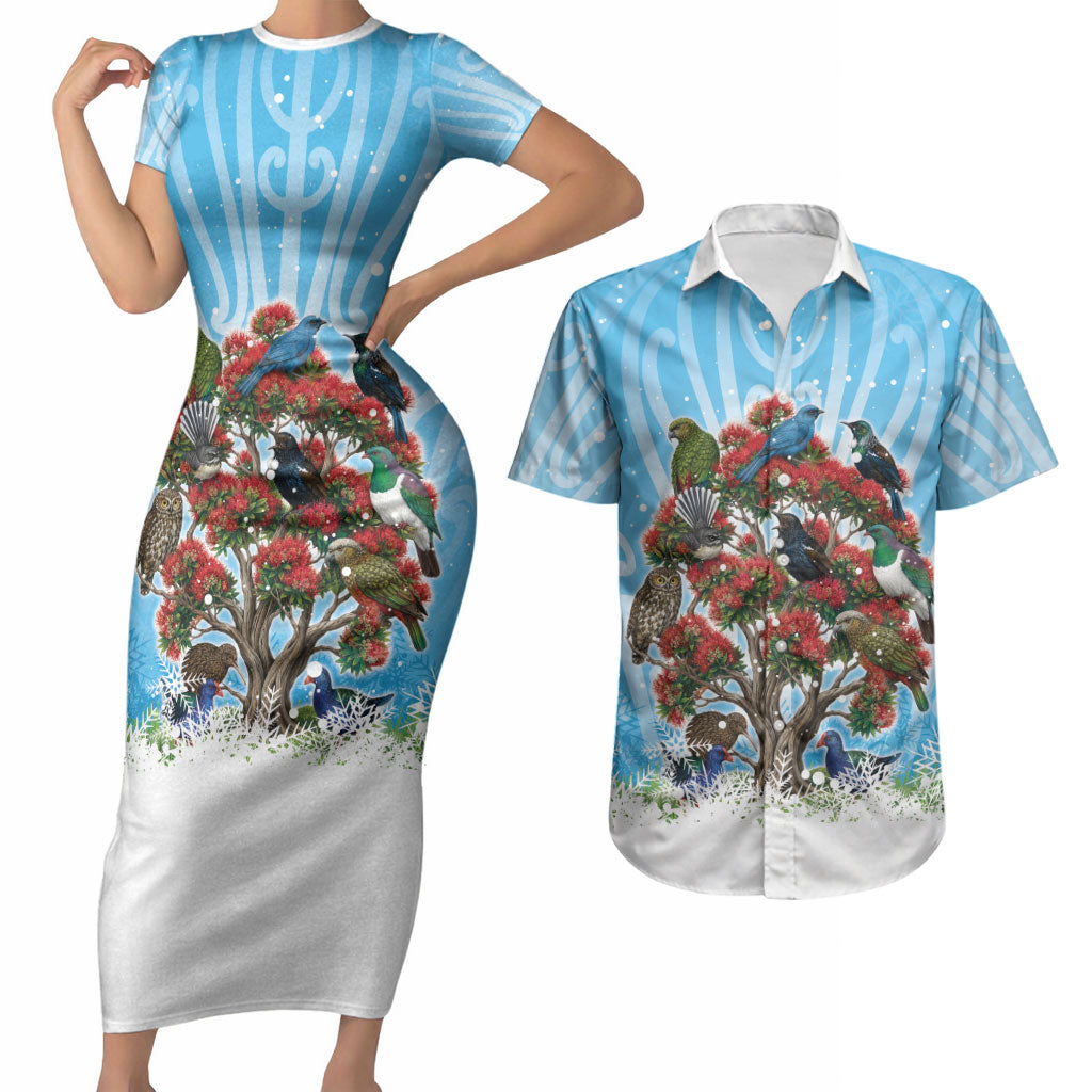 New Zealand Birds Christmas Couples Matching Short Sleeve Bodycon Dress and Hawaiian Shirt Pohutukawa Xmas Tree
