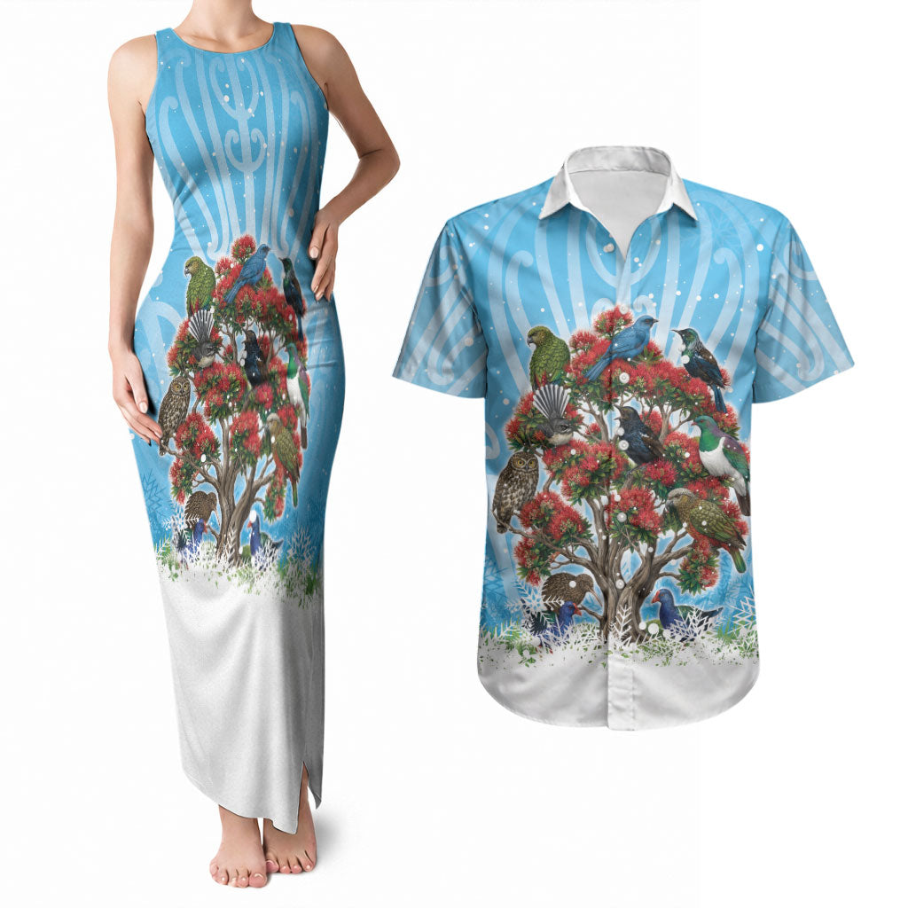 New Zealand Birds Christmas Couples Matching Tank Maxi Dress and Hawaiian Shirt Pohutukawa Xmas Tree LT05 Blue - Polynesian Pride