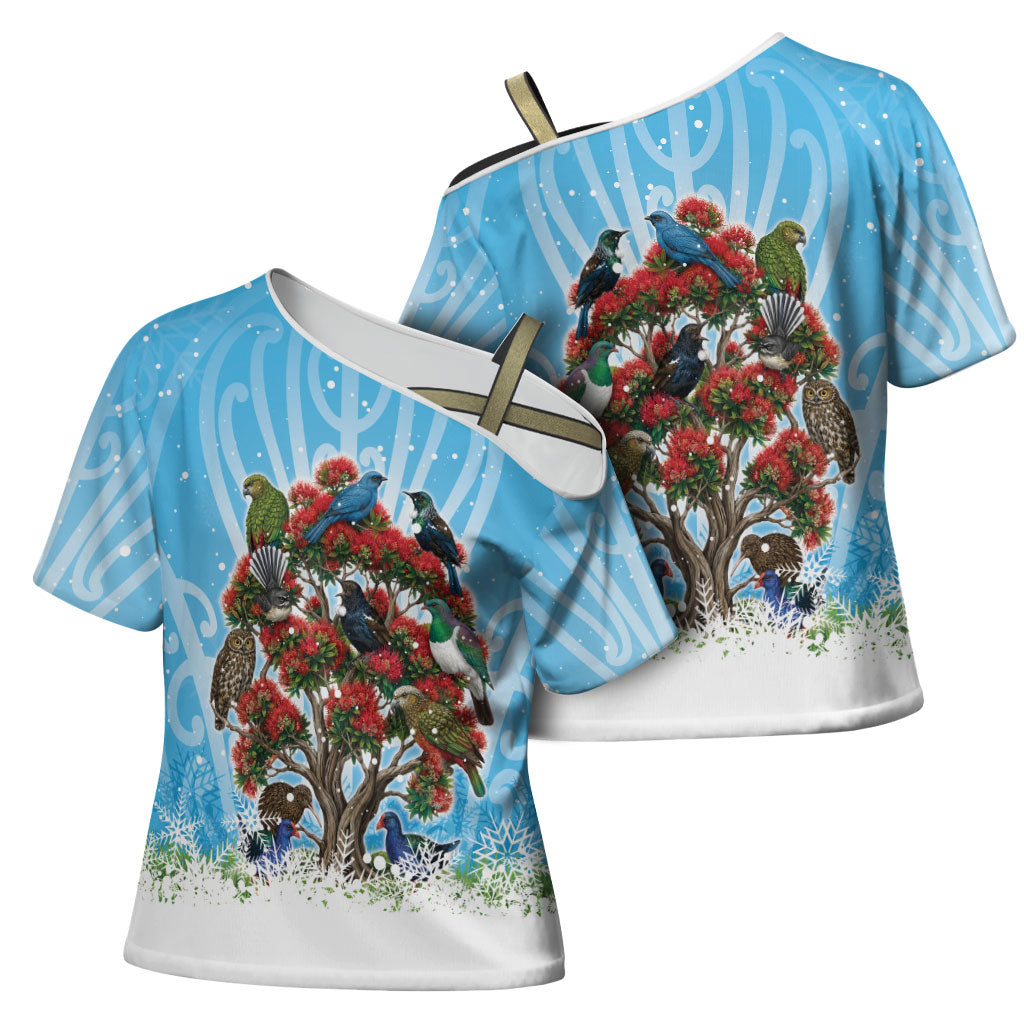 New Zealand Birds Christmas Cross Shoulder Shirt Pohutukawa Xmas Tree