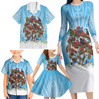 New Zealand Birds Christmas Family Matching Long Sleeve Bodycon Dress and Hawaiian Shirt Pohutukawa Xmas Tree