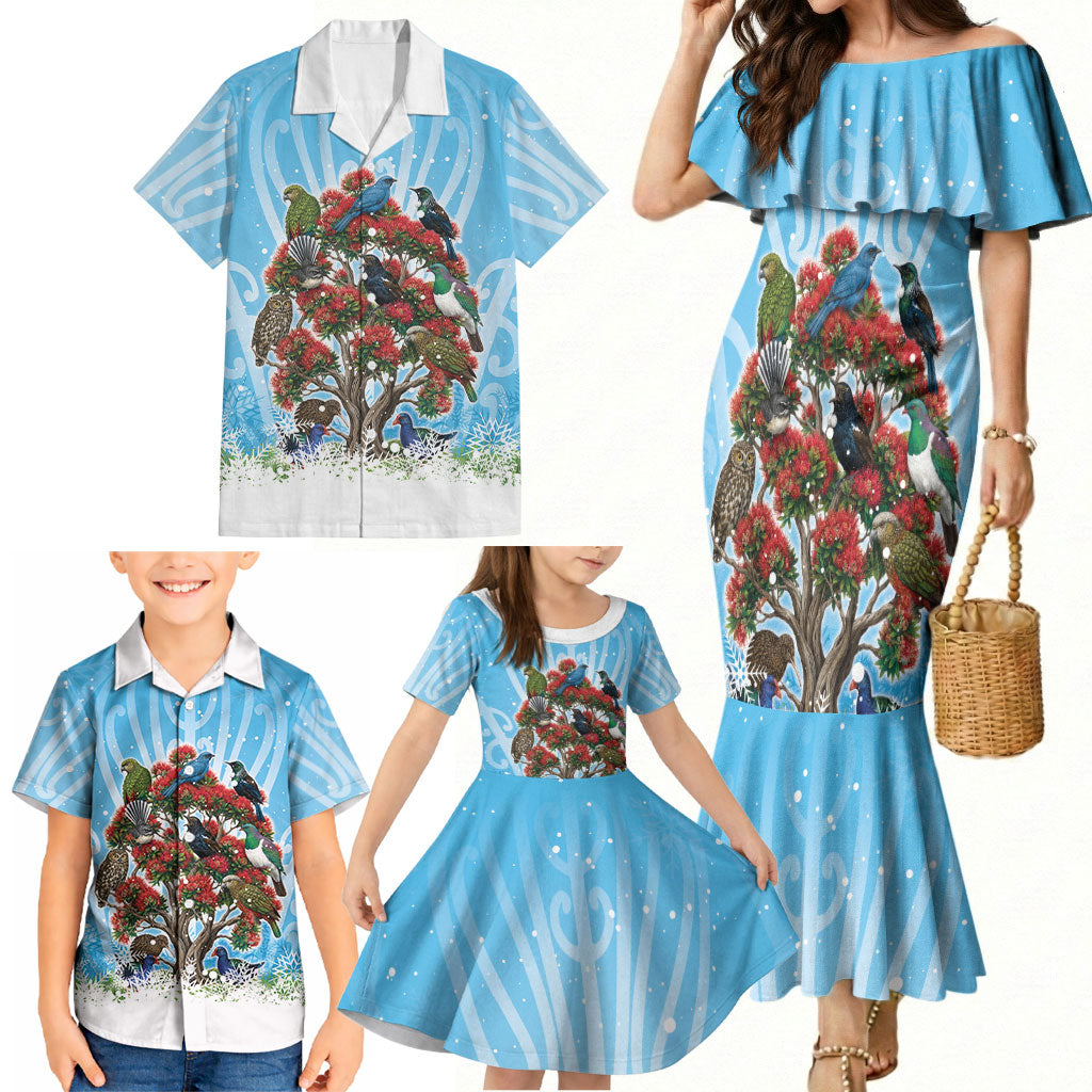 New Zealand Birds Christmas Family Matching Mermaid Dress and Hawaiian Shirt Pohutukawa Xmas Tree