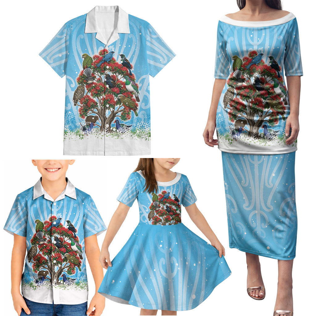 New Zealand Birds Christmas Family Matching Puletasi and Hawaiian Shirt Pohutukawa Xmas Tree
