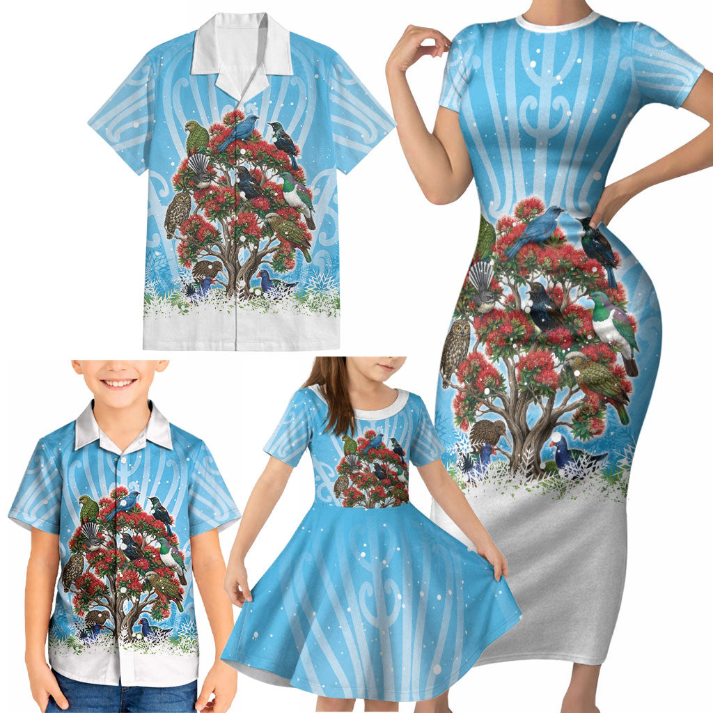New Zealand Birds Christmas Family Matching Short Sleeve Bodycon Dress and Hawaiian Shirt Pohutukawa Xmas Tree LT05 - Polynesian Pride