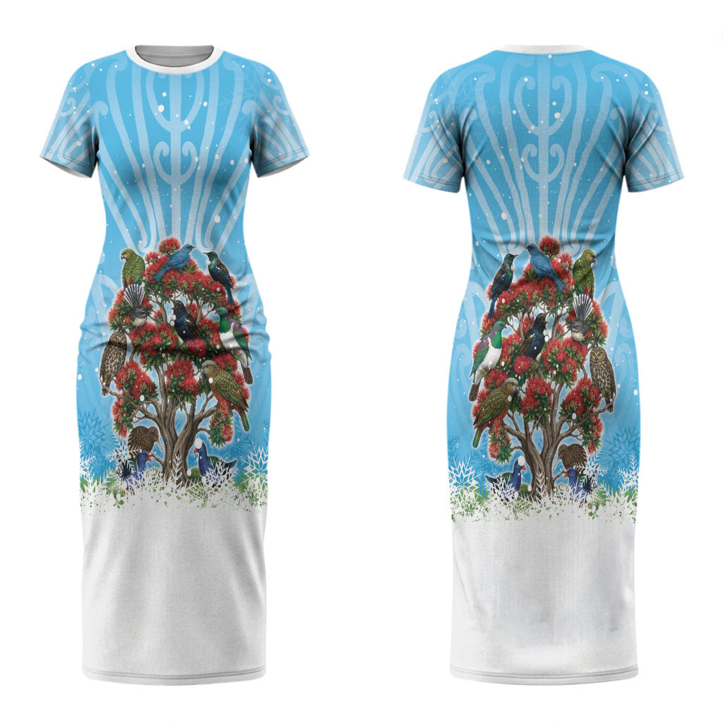 New Zealand Birds Christmas Family Matching Short Sleeve Bodycon Dress and Hawaiian Shirt Pohutukawa Xmas Tree