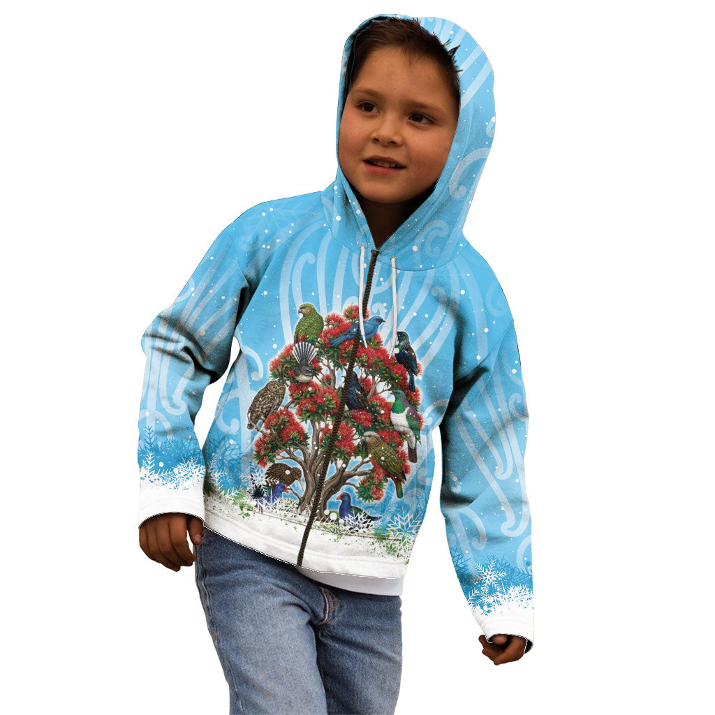 New Zealand Birds Christmas Kid Hoodie Pohutukawa Xmas Tree