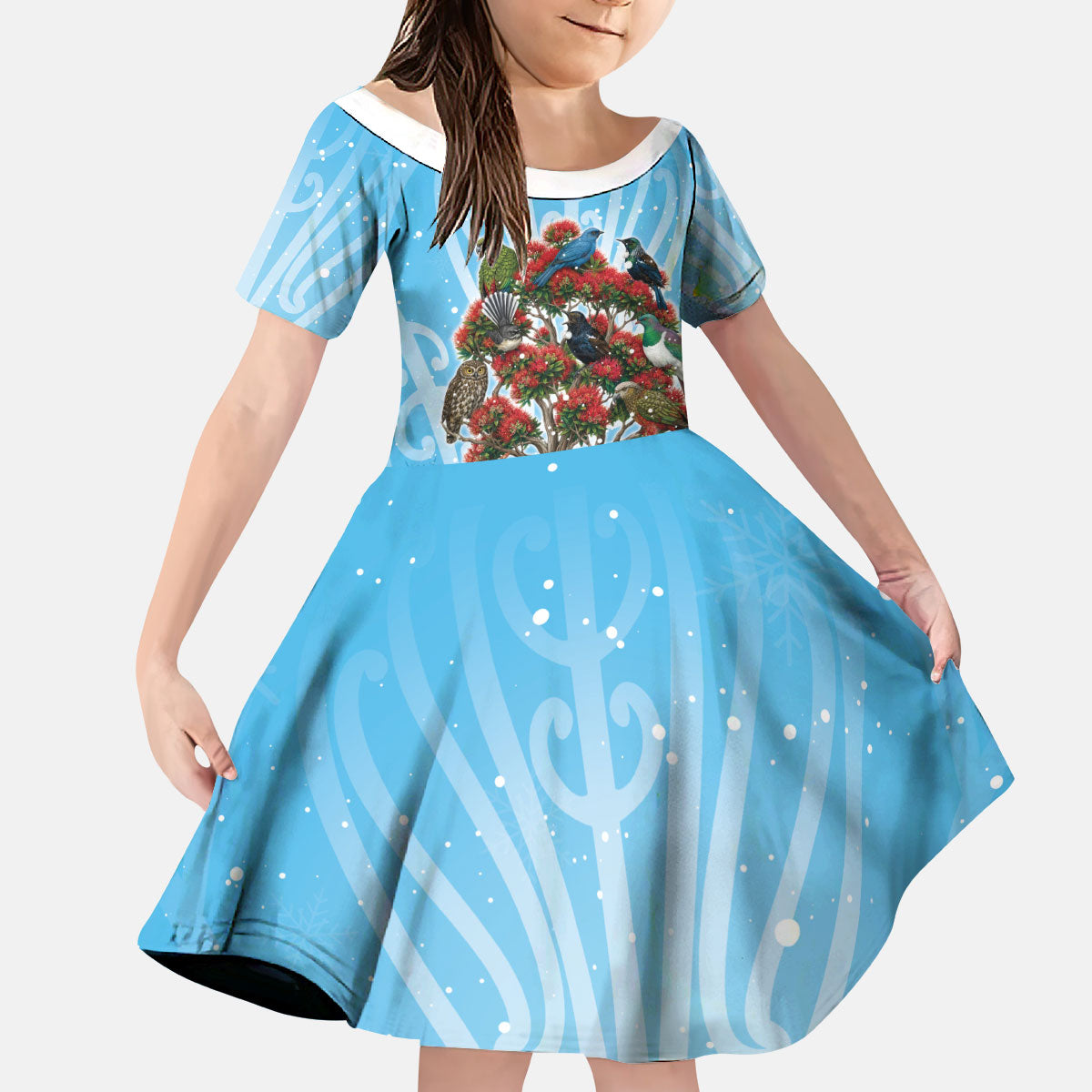 New Zealand Birds Christmas Kid Short Sleeve Dress Pohutukawa Xmas Tree LT05 KID Blue - Polynesian Pride