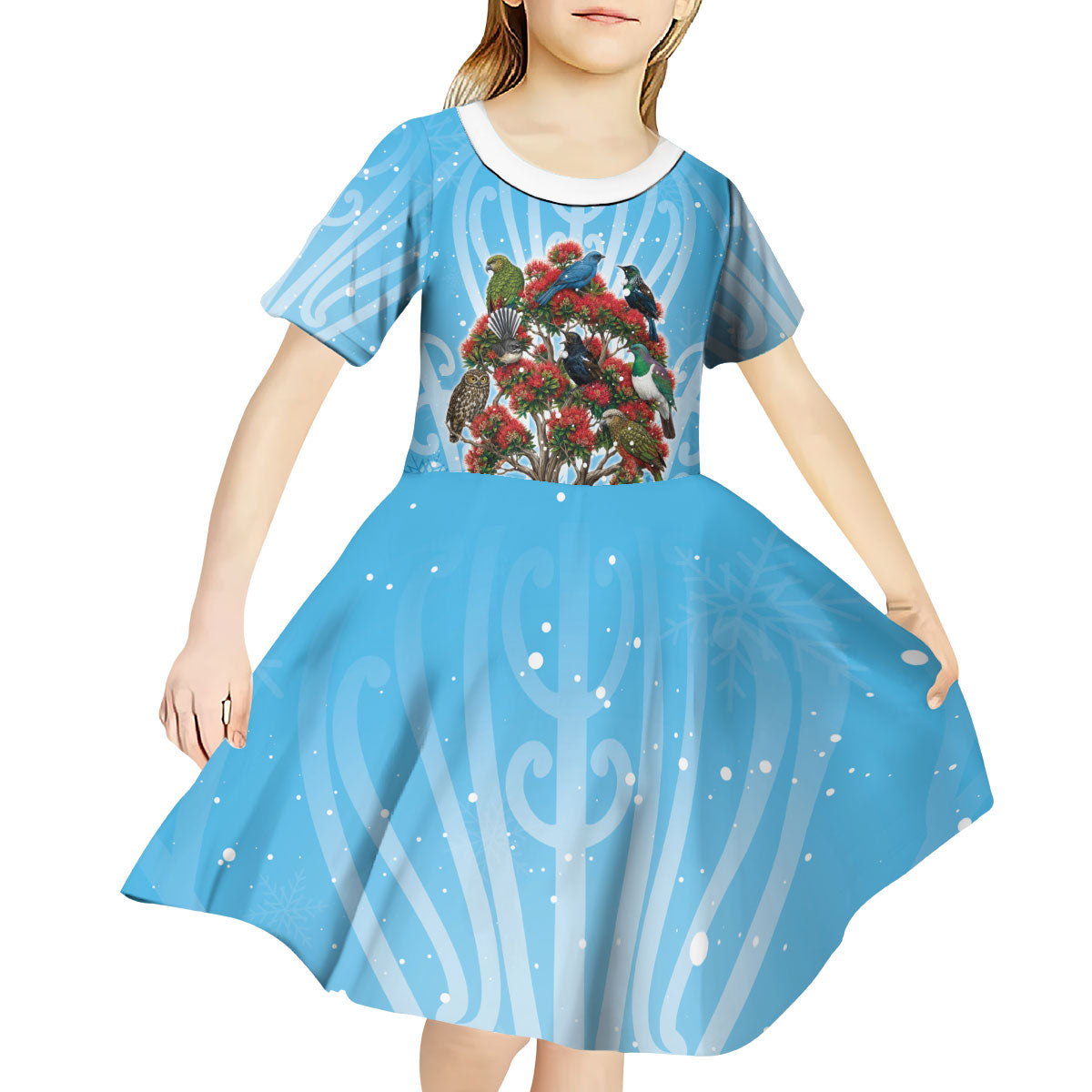 New Zealand Birds Christmas Kid Short Sleeve Dress Pohutukawa Xmas Tree