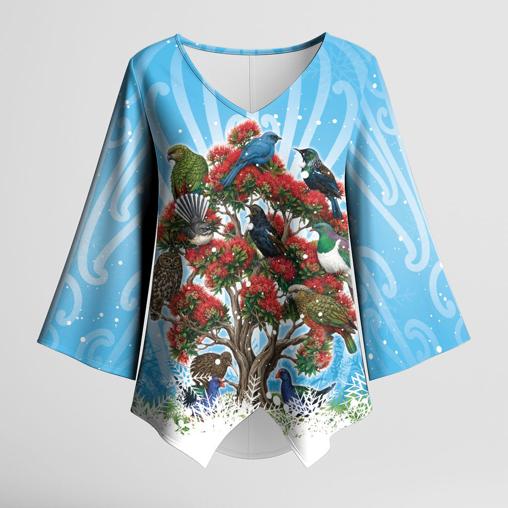 New Zealand Birds Christmas Kimono Sleeve Blouse Pohutukawa Xmas Tree