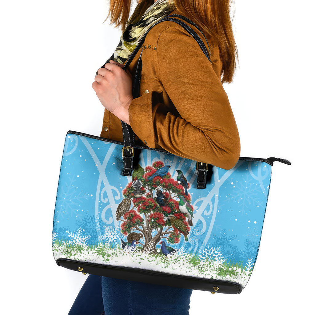 New Zealand Birds Christmas Leather Tote Bag Pohutukawa Xmas Tree